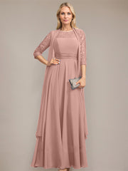 A-line Scoop Illusion Floor-Length Lace Chiffon Mother of the Bride Dress With Pleated