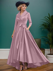 A-Line V-Neck 3/4 Sleeves Satin Mother Of The Bride Dresses With Pockets