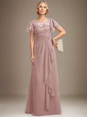 A-line Asymmetrical Illusion Floor-Length Lace Chiffon Mother of the Bride Dress With Cascading Ruffles Sequins