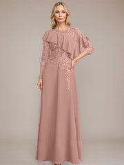 A-line Scoop Illusion Floor-Length Chiffon Lace Mother of the Bride Dress With Ruffle Sequins Beading