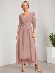 A-line V-Neck Asymmetrical Chiffon Lace Mother of the Bride Dress With Pleated Beading