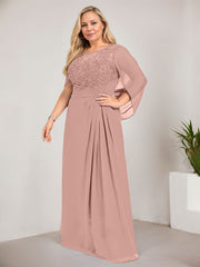 A-line Scoop Illusion Floor-Length Lace Chiffon Mother of the Bride Dress With Sequins Pleated