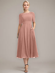 A-line Scoop Tea-Length Chiffon Mother of the Bride Dress With Appliques Lace Sequins