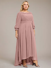 A-line Scoop Asymmetrical Chiffon Mother of the Bride Dress With Pleated Appliques Lace