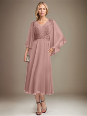 A-line V-Neck Tea-Length Chiffon Lace Mother of the Bride Dress With Sequins Beading