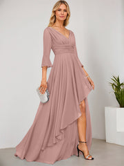 A-line V-Neck Floor-Length Chiffon Mother of the Bride Dress With Cascading Ruffles