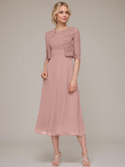 A-line/Princess Scoop Tea-Length Chiffon Mother of the Bride Dress With Lace Jacket