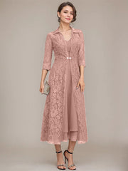 A-line V-Neck Tea-Length Chiffon Mother of the Bride Dress