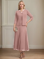 Separates A-line Scoop Tea-Length Chiffon Mother of the Bride Dress With Sequins Beading