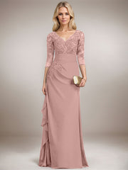 A-line V-Neck Floor-Length Lace Chiffon Mother of the Bride Dress With Cascading Ruffles