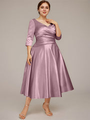 A-line V-Neck Tea-Length Satin Mother of the Bride Dress With Pleated