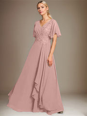 A-line V-Neck Floor-Length Lace Chiffon Mother of the Bride Dress With Cascading Ruffles Sequins