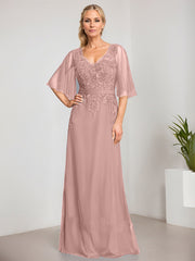 A-line V-Neck Floor-Length Lace Chiffon Mother of the Bride Dress With Sequins Beading