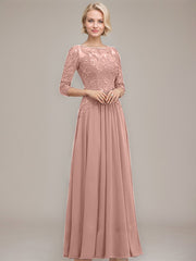 A-line Boat Neck Illusion Floor-Length Chiffon Lace Mother of the Bride Dress With Sequins Beading