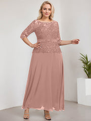 A-line Scoop Illusion Ankle-Length Chiffon Lace Mother of the Bride Dress With Rhinestone Beading