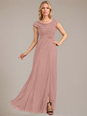 A-line Scoop Floor-Length Mesh Mother of the Bride Dress With Pleated Beading