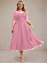 A-line Scoop Illusion Tea-Length Lace Chiffon Mother of the Bride Dress With Sequins