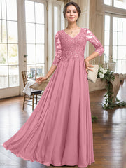 A-line V-Neck Floor-Length Lace Chiffon Mother of the Bride Dress With Sequins