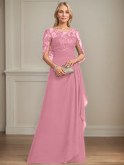 A-line Scoop Illusion Floor-Length Lace Chiffon Mother of the Bride Dress With Cascading Ruffles Sequins
