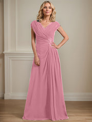 A-line V-Neck Floor-Length Chiffon Mother of the Bride Dress With Pleated Sequins Beading