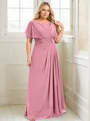 A-line Scoop Floor-Length Chiffon Mother of the Bride Dress With Pleated Beading