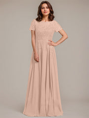 A-line Scoop Illusion Floor-Length Lace Chiffon Mother of the Bride Dress With Sequins