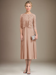 A-line Scoop Tea-Length Chiffon Mother of the Bride Dress With Pleated
