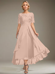 A-line Scoop Illusion Asymmetrical Lace Chiffon Mother of the Bride Dress