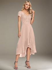 A-line V-Neck Asymmetrical Lace Chiffon Mother of the Bride Dress
