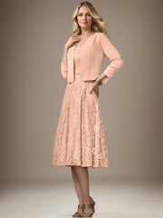 A-line V-Neck Knee-Length Chiffon Lace Mother of the Bride Dress With Beading Sequins