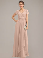 A-line V-Neck Floor-Length Chiffon Lace Mother of the Bride Dress With Beading Sequins Cascading Ruffles