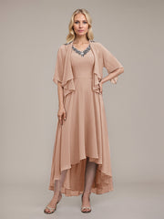 A-line V-Neck Asymmetrical Chiffon Mother of the Bride Dress With Beading Sequins