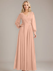 A-line V-Neck Floor-Length Chiffon Mother of the Bride Dress With Sequins Appliques Lace Pleated