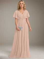 A-line V-Neck Floor-Length Chiffon Mother of the Bride Dress With Crystal Brooch Pleated
