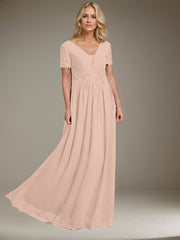 A-line V-Neck Floor-Length Chiffon Mother of the Bride Dress With Appliques Lace