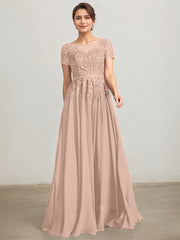 A-line Illusion Scoop Floor-Length Lace Chiffon Mother of the Bride Dress With Sequins