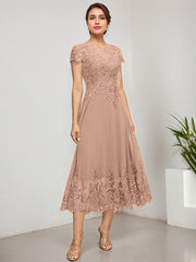 A-line Scoop Illusion Tea-Length Lace Chiffon Mother of the Bride Dress With Sequins