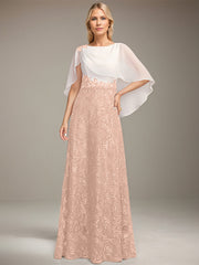 A-line Scoop Floor-Length Lace Sequin Chiffon Mother of the Bride Dress With Pleated