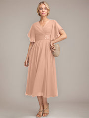 A-line V-Neck Tea-Length Chiffon Mother of the Bride Dress With Pleated Beading