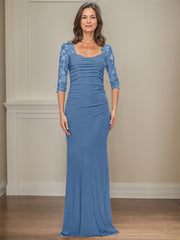 Sheath/Column Square Neckline 3/4 Sleeves Floor-Length Jersey Mother Of The Bride Dresses With Lace