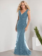 A-line V-Neck Floor-Length Lace Chiffon Mother of the Bride Dress With Applique Sequins Mermaid Dresses