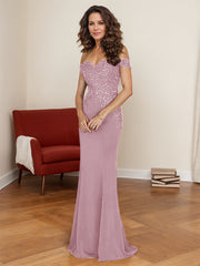 Off-The-Shoulder Elegant Elastic Satin Mother Of The Bride Dresses With Beaded Embroidery