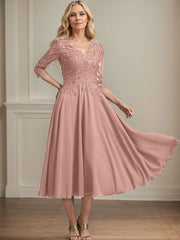 A-line V-Neck Tea-Length Chiffon Lace Mother of the Bride Dress With Beading Sequins