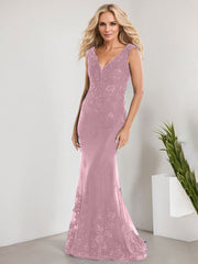A-line V-Neck Floor-Length Lace Chiffon Mother of the Bride Dress With Applique Sequins Mermaid Dresses