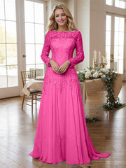 A-line Bateau Long Sleeves Appliques Lace Sweep Train Chiffon Mother of the Bride Dres