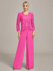 Silver Chiffon Pant and Lace Top Mother of The Bride Wide Pant Suits