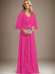 A-line V-Neck Floor-Length Chiffon Mother of the Bride Dress With Cascading Ruffles Crystal Brooch