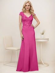 A-Line V-Neck Sweep Train Elastic Mother Of The Bride Dresses With Lace