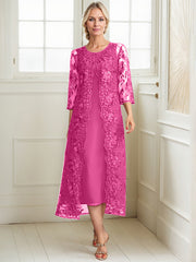 A-line Scoop Tea-Length Lace Chiffon Mother of the Bride Dress