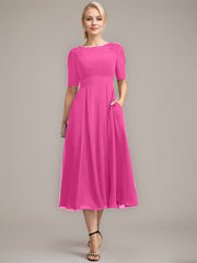 A-line Scoop Tea-Length Chiffon Mother of the Bride Dress With Appliques Lace Sequins
